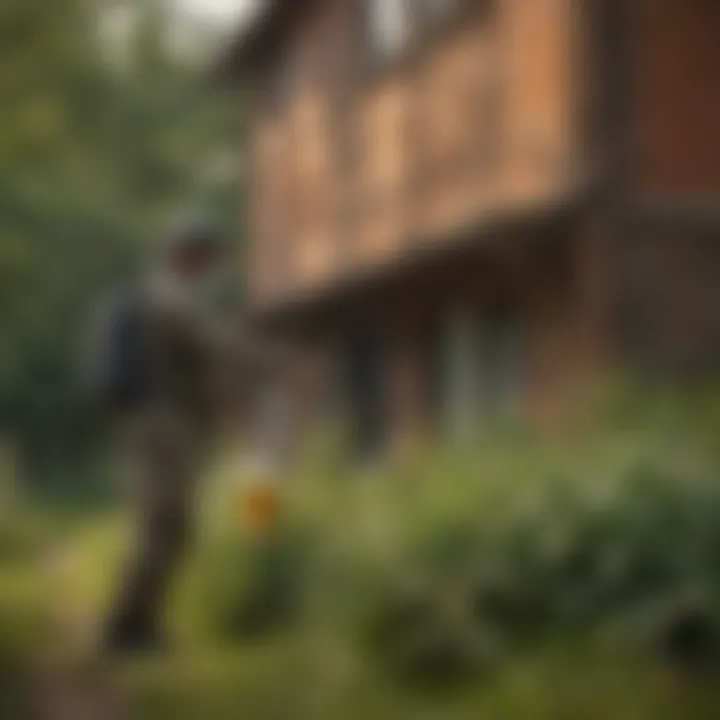 Proactive Measures: Applying Tick Spray Effectively A person applying a tick spray around the home perimeter, showcasing proactive measures.