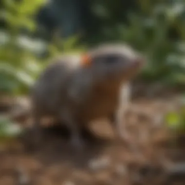 A close-up of a shrew in a garden, showcasing its distinctive features.