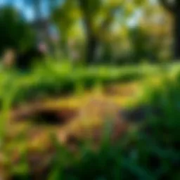 A lush yard with visible signs of rat activity such as burrows and droppings.