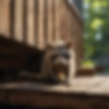 Curious Raccoon Observing from Under Deck Raccoon peeking from under a wooden deck