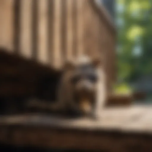 Curious Raccoon Observing from Under Deck Raccoon peeking from under a wooden deck