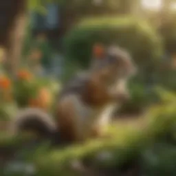 A vibrant garden with chipmunk deterrents like plants and fencing.