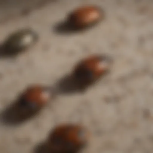 Close-up of varied carpet beetles on fabric