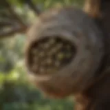 A close-up view of a wasp nest hanging from a tree branch