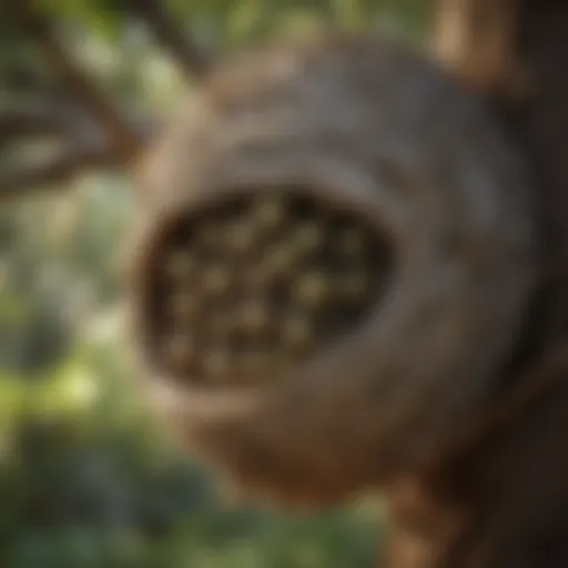A close-up view of a wasp nest hanging from a tree branch