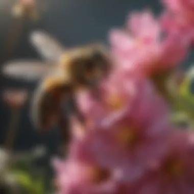 Bee flying over blooming flowers