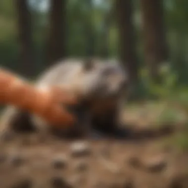 Hand wearing protective gloves placing poison near groundhog den