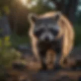 Curious raccoon exploring backyard at dusk