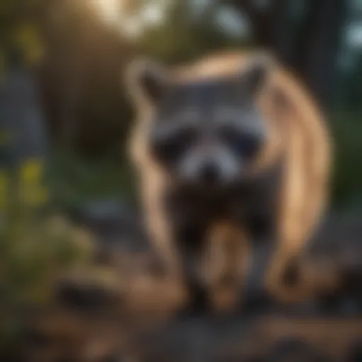 Curious raccoon exploring backyard at dusk
