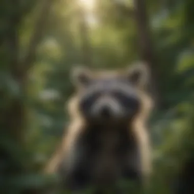 Nature's Peek: Raccoon Amidst Foliage Raccoon peeking out from behind lush green foliage