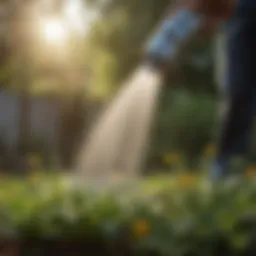 Close-up view of an insecticide powder duster applying treatment in a garden.