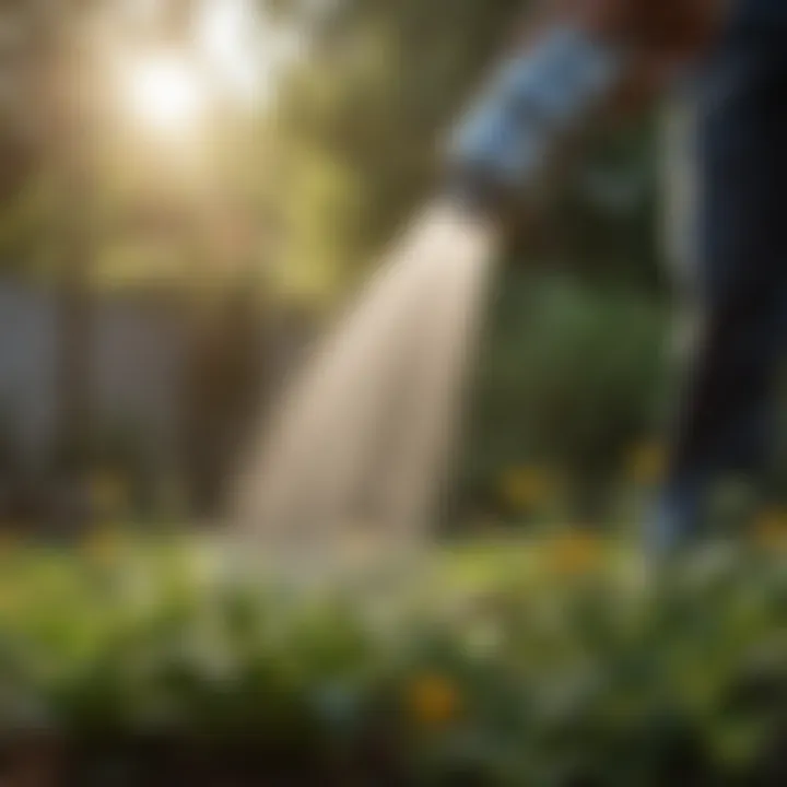 Insecticide Powder Duster in Action Close-up view of an insecticide powder duster applying treatment in a garden.