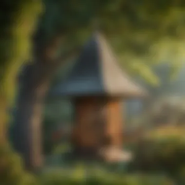 Bird feeder in a garden setting attracting wildlife