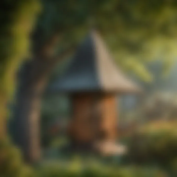 Bird feeder in a garden setting attracting wildlife