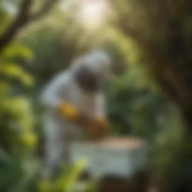 Beekeeper inspecting hive in lush Miami garden