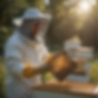 Beekeeper in protective gear tending to hives under Miami sun