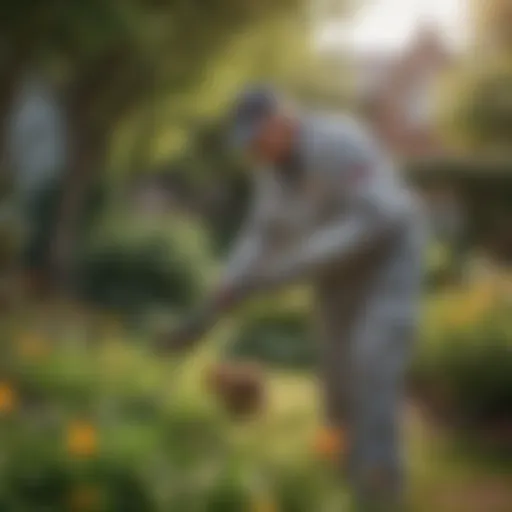 Exterminator inspecting garden for pests in Garden City