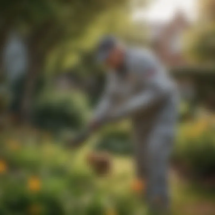 Exterminator inspecting garden for pests in Garden City