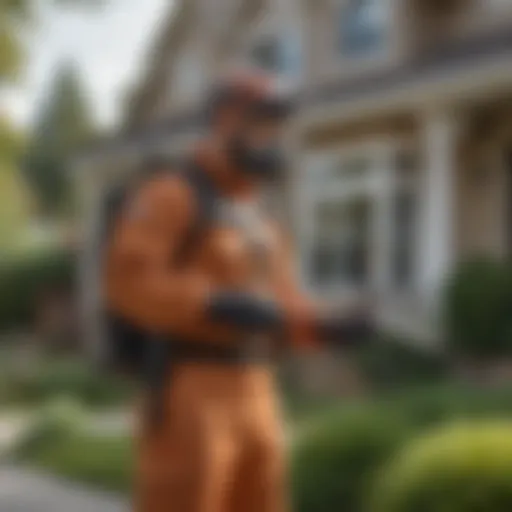 Exterminator in protective gear inspecting a home in Lakewood
