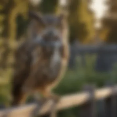 Strategic Fence Placement A fake owl positioned strategically on a fence to deter birds