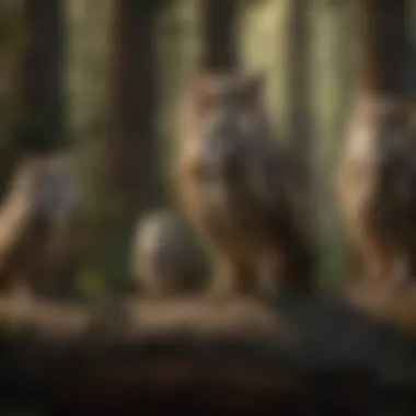 Optimal Height Placement A group of fake owls placed at varying heights for maximum bird control