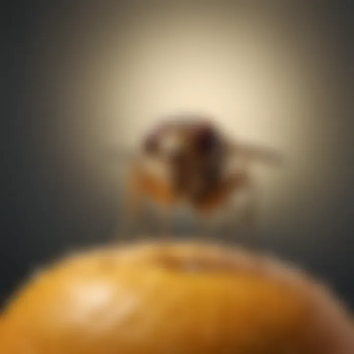 Macro shot of a fruit fly perched on a tropical fruit in Florida