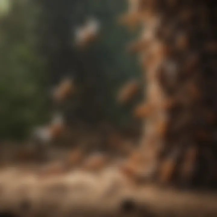 Flying swarming termites interacting with each other