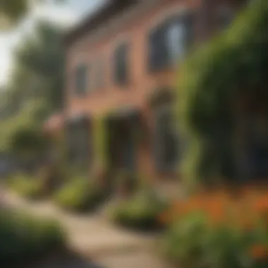 A serene neighborhood with flowering plants, emphasizing the harmonious coexistence with bees.