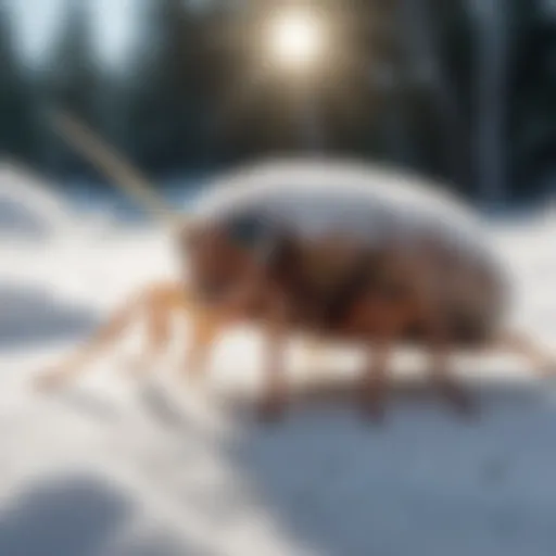 Snow Flea in Winter Environment Snow flea crawling on snowy surface