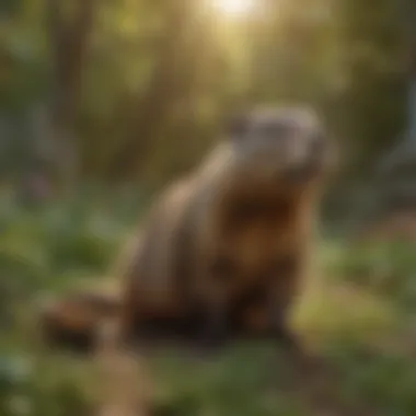 Groundhog's Hunt for Nutritious Delights A groundhog foraging for food in a lush backyard
