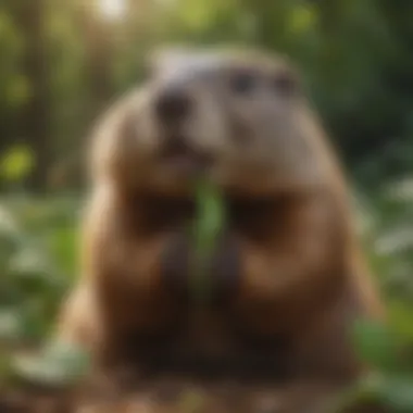 Elegant Groundhog Enjoying a Leafy Snack A close-up of a groundhog gnawing on a fresh green leaf