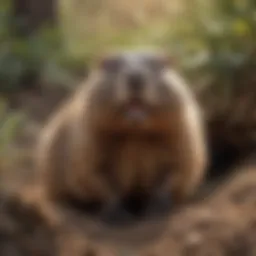 A groundhog peeking out of its burrow