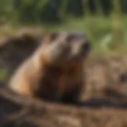 Groundhog peeking out of burrow