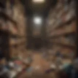 A cluttered room with towering stacks of items