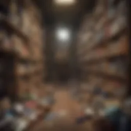 A cluttered room with towering stacks of items