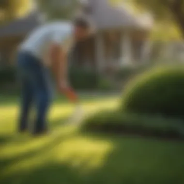 Homeowner inspecting lawn for pests