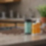 Close-up of various indoor ant control products on a countertop