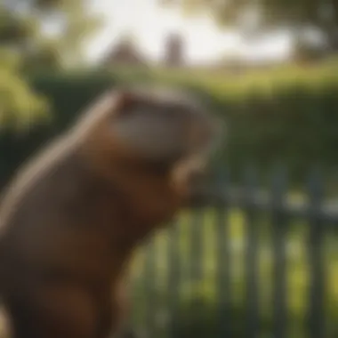 Homeowner inspecting a garden fence for groundhog damage