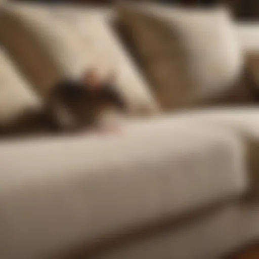 A close-up of a sofa with signs of mouse activity.