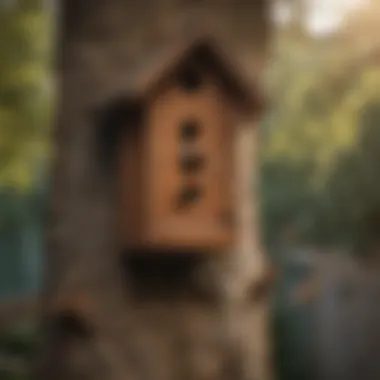 Bat house mounted on tree in backyard