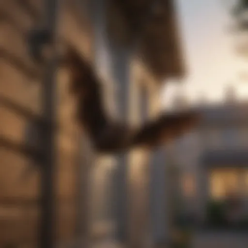 A bat flying near a house at dusk