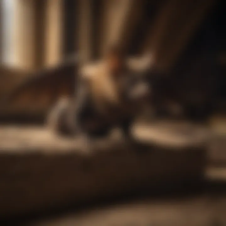 A close-up of a bat roosting in a dark attic
