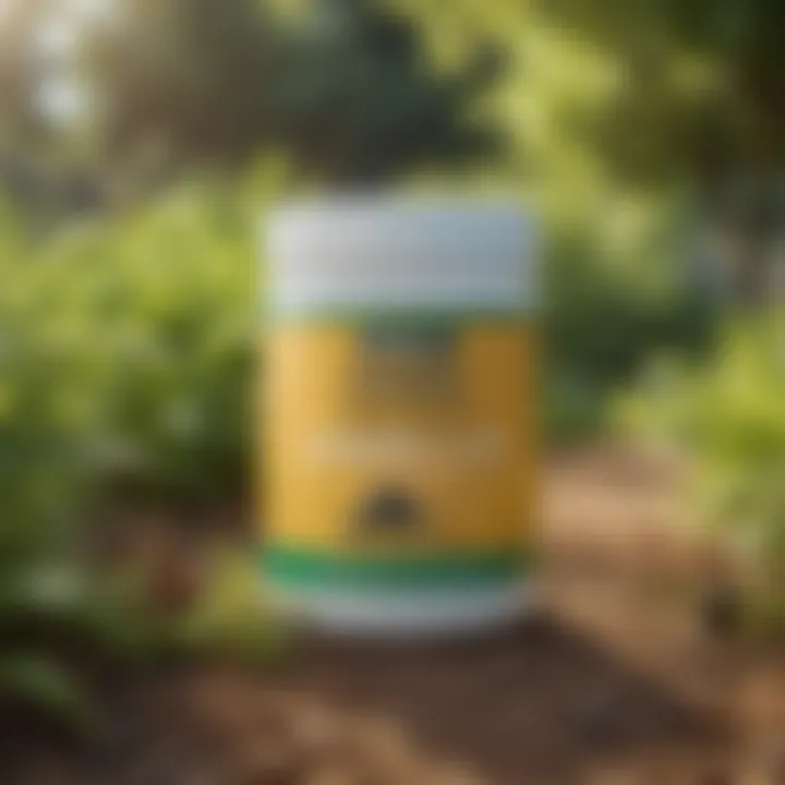 Organic pest control products displayed in a garden setting