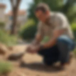 Exterminator inspecting pest-infested area