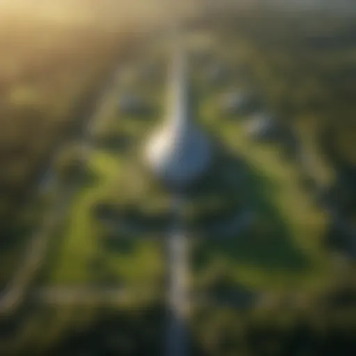 Aerial view of lush green fields blending with modern architecture