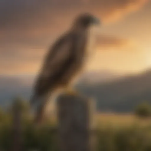 A majestic flying hawk decoy perched on a fence post