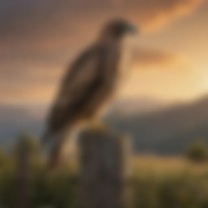 A majestic flying hawk decoy perched on a fence post