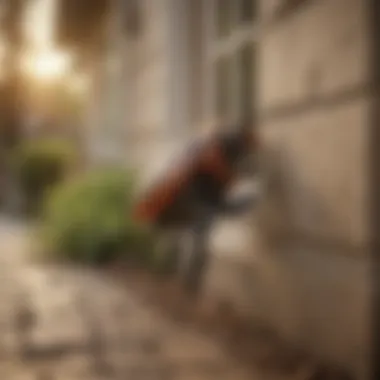 Close-up of a professional applying perimeter insecticide around a residential property