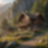 A serene mountain landscape with a cozy cabin, highlighting the natural beauty.