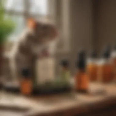 Essential oils displayed on a table as natural rat repellents.